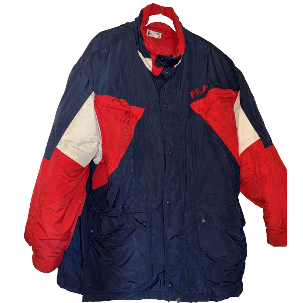 FILA Ski Jacket Hooded Puffer Nylon Parka Coat XXL Red White Blue Jacket Vintage